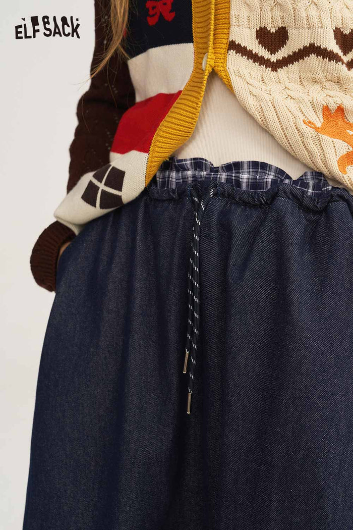 Blue Plaid Spliced Waist Peplum Hem Skirt