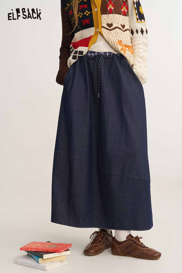 Blue Plaid Spliced Waist Peplum Hem Skirt
