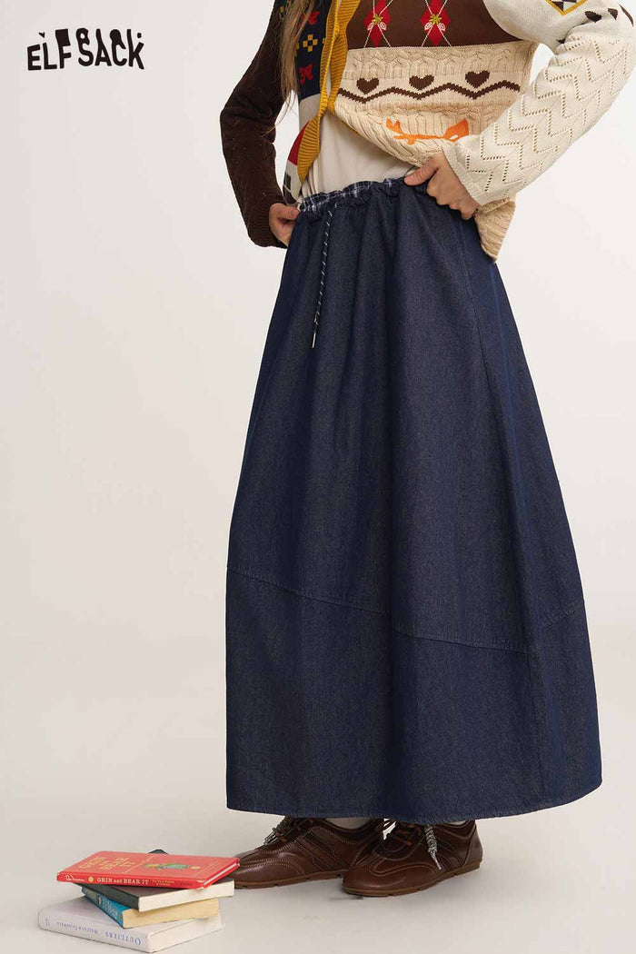 Blue Plaid Spliced Waist Peplum Hem Skirt