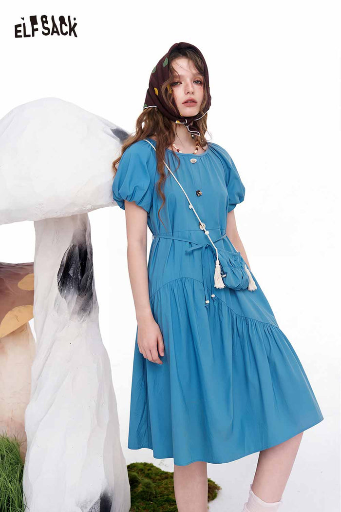ELFSACK Blue Puff Sleeve Tie Waist Maxi Dress