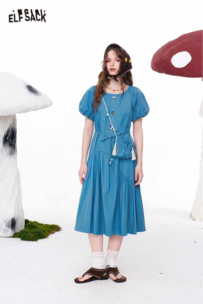 ELFSACK Blue Puff Sleeve Tie Waist Maxi Dress