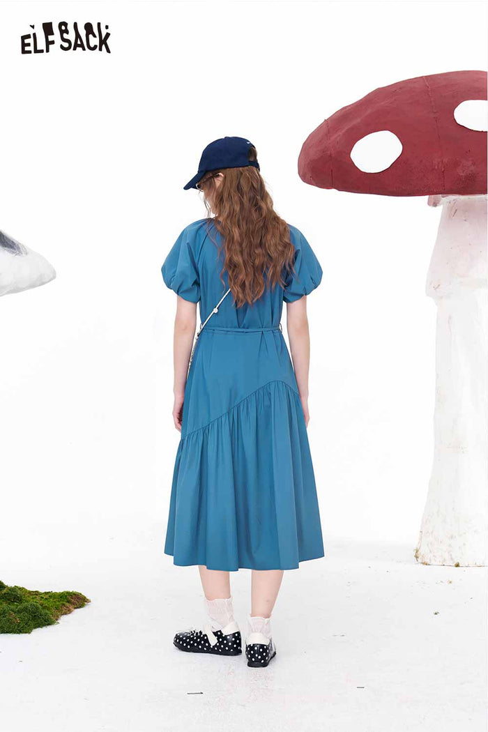 ELFSACK Blue Puff Sleeve Tie Waist Maxi Dress