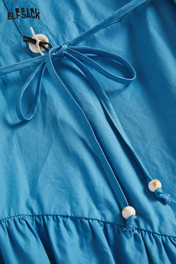 ELFSACK Blue Puff Sleeve Tie Waist Maxi Dress