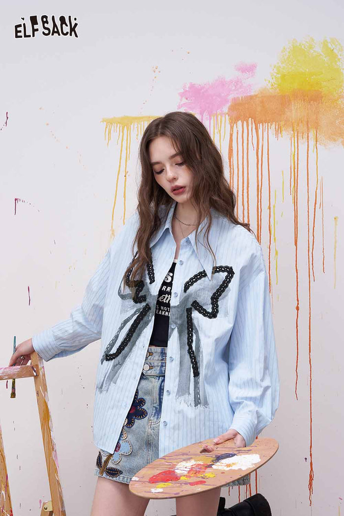 ELFSACK Blue Striped Shirt with Lace Bowknot Patchwork
