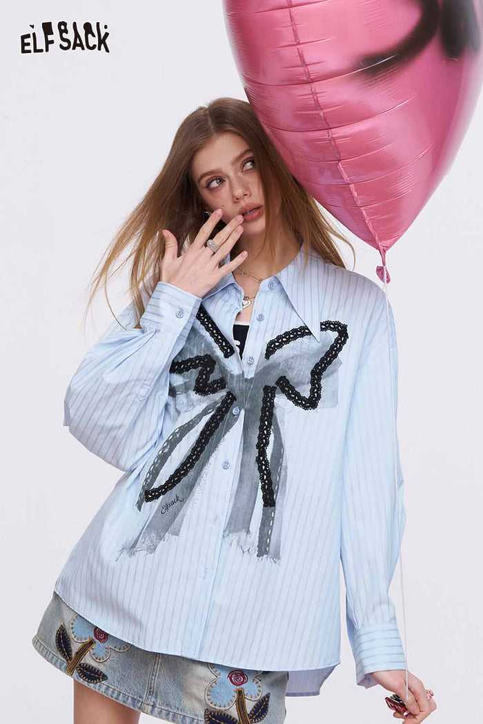 ELFSACK Blue Striped Shirt with Lace Bowknot Patchwork