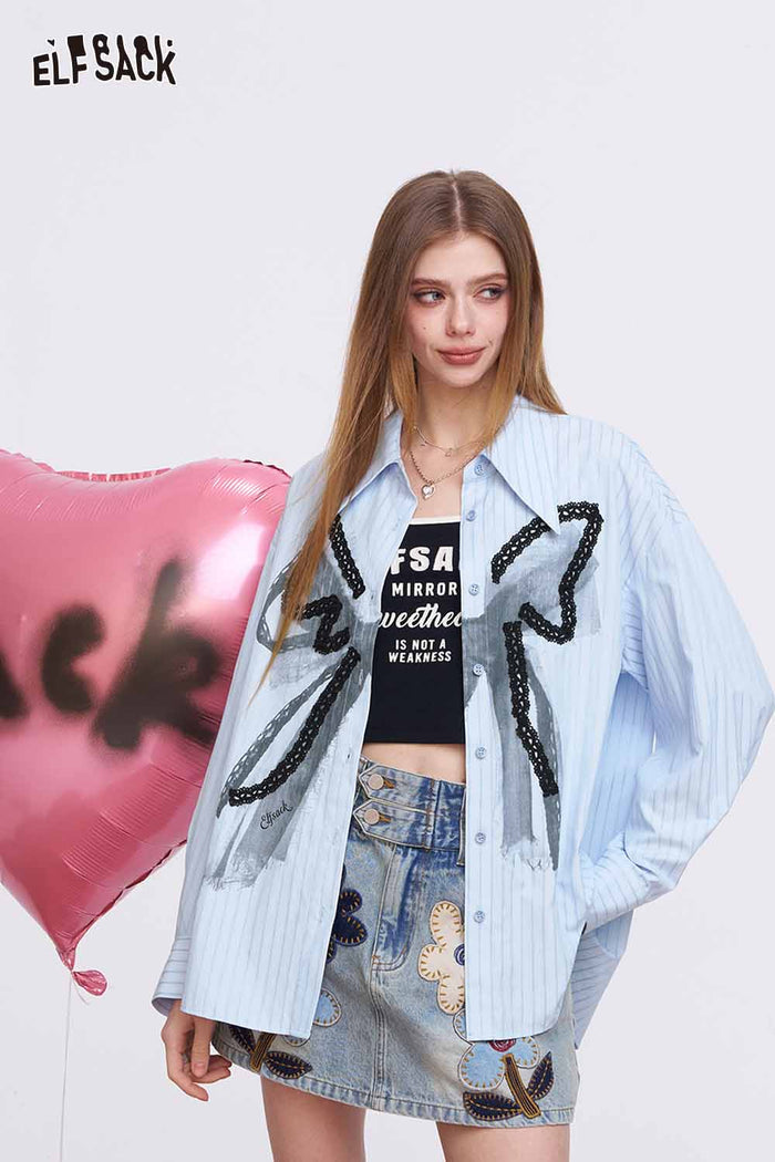 ELFSACK Blue Striped Shirt with Lace Bowknot Patchwork