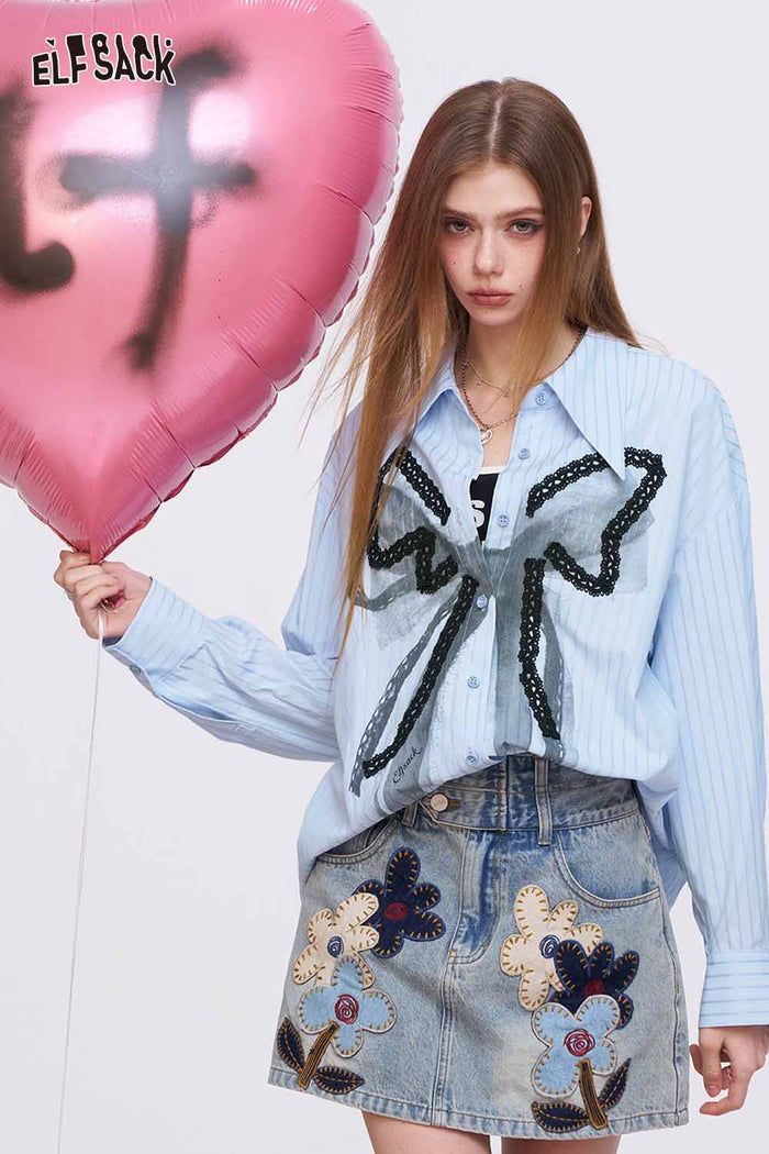 ELFSACK Blue Striped Shirt with Lace Bowknot Patchwork