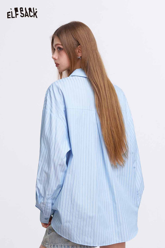 ELFSACK Blue Striped Shirt with Lace Bowknot Patchwork