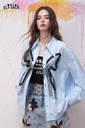 ELFSACK Blue Striped Shirt with Lace Bowknot Patchwork