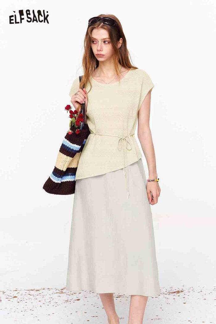 ELFSACK Boat Neck Asymmetric Top and Skirt Set