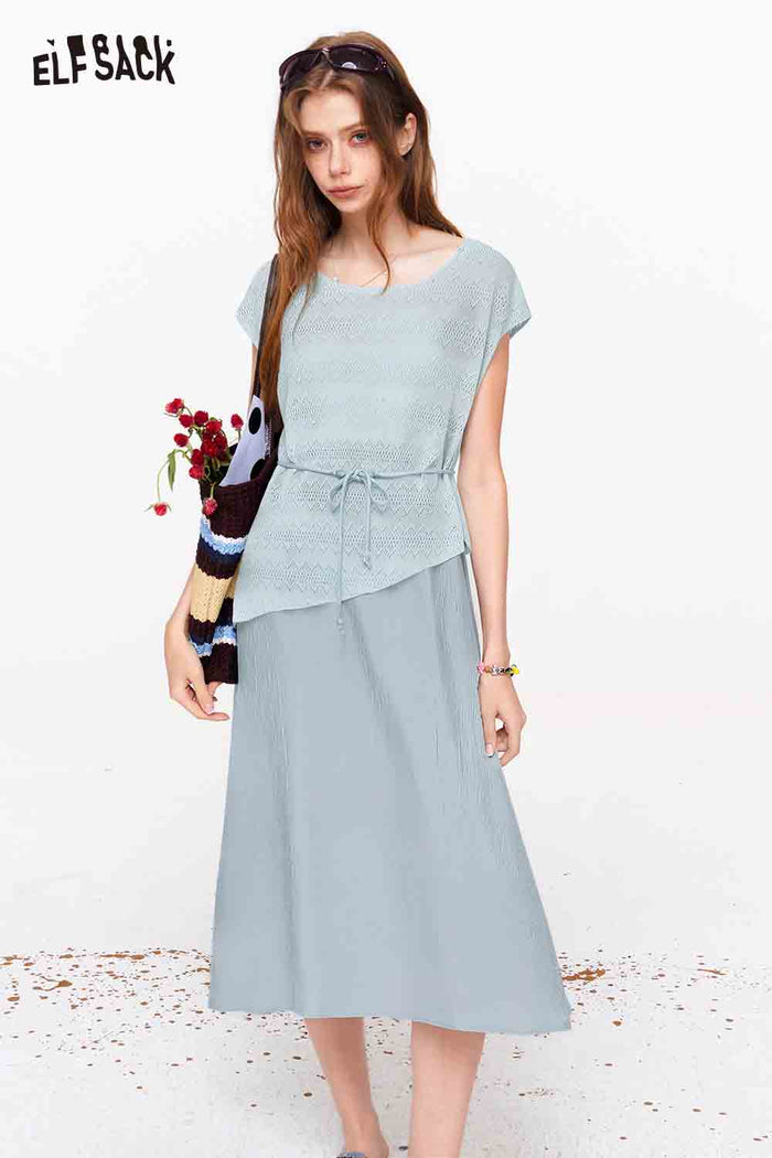 ELFSACK Boat Neck Asymmetric Top and Skirt Set