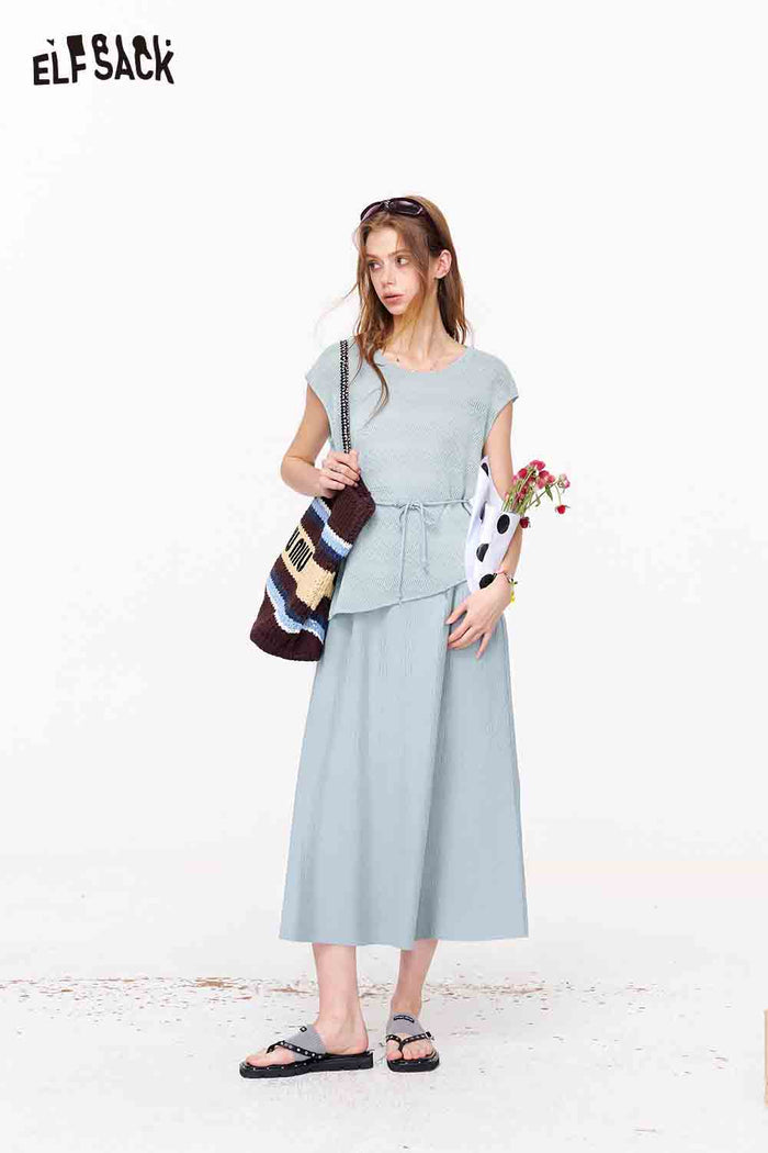 ELFSACK Boat Neck Asymmetric Top and Skirt Set