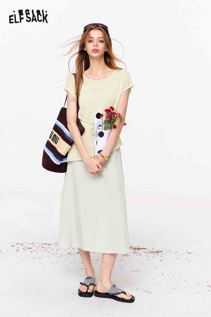 ELFSACK Boat Neck Asymmetric Top and Skirt Set