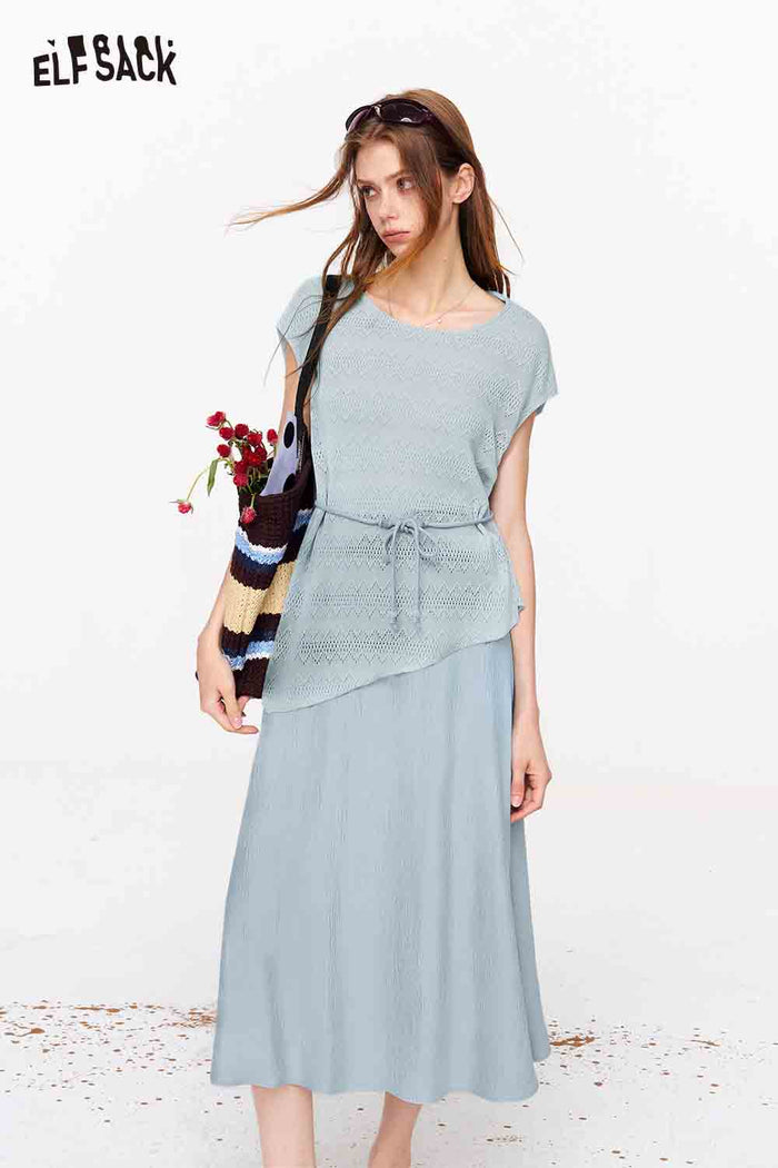ELFSACK Boat Neck Asymmetric Top and Skirt Set