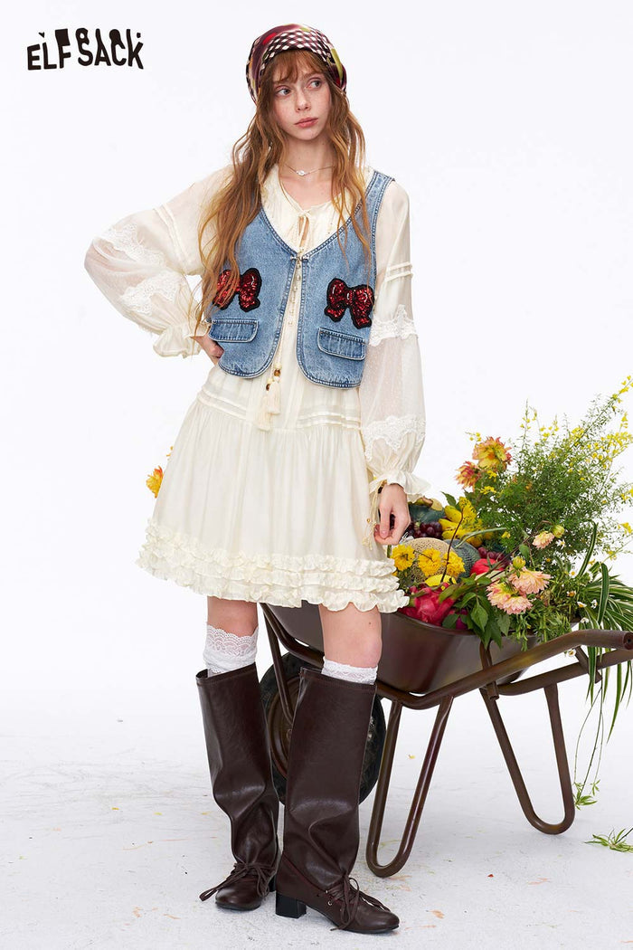 ELFSACK Boho Lace Ruffle Flowy Chiffon Mini Dress