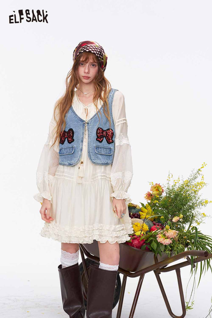 ELFSACK Boho Lace Ruffle Flowy Chiffon Mini Dress