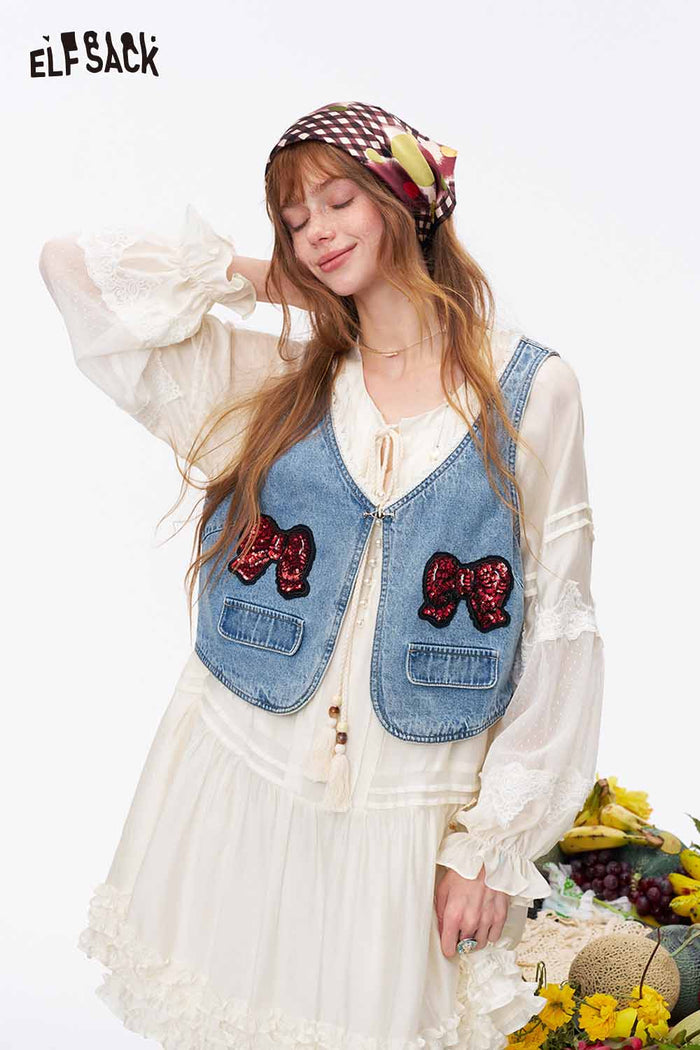 ELFSACK Boho Lace Ruffle Flowy Chiffon Mini Dress