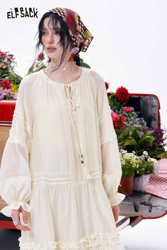 ELFSACK Boho Lace Ruffle Flowy Chiffon Mini Dress