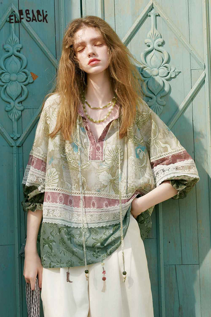 ELFSACK Boho Patchwork Flare Sleeve Blouse