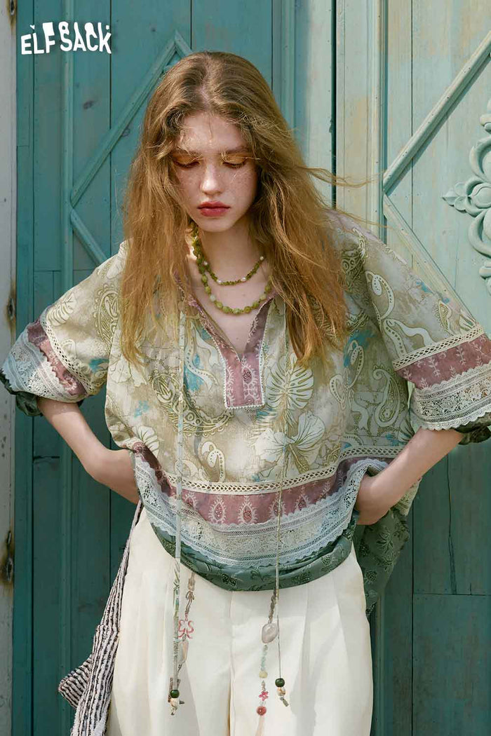 ELFSACK Boho Patchwork Flare Sleeve Blouse