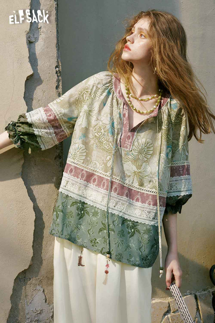 ELFSACK Boho Patchwork Flare Sleeve Blouse
