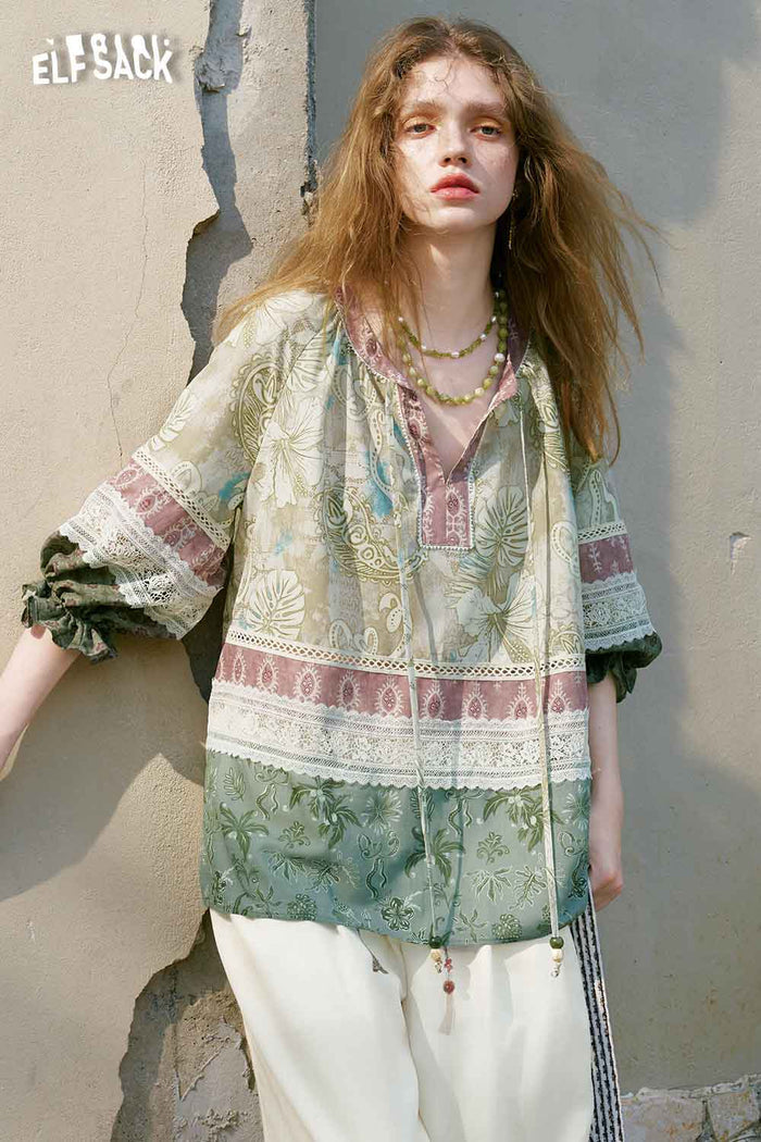 ELFSACK Boho Patchwork Flare Sleeve Blouse