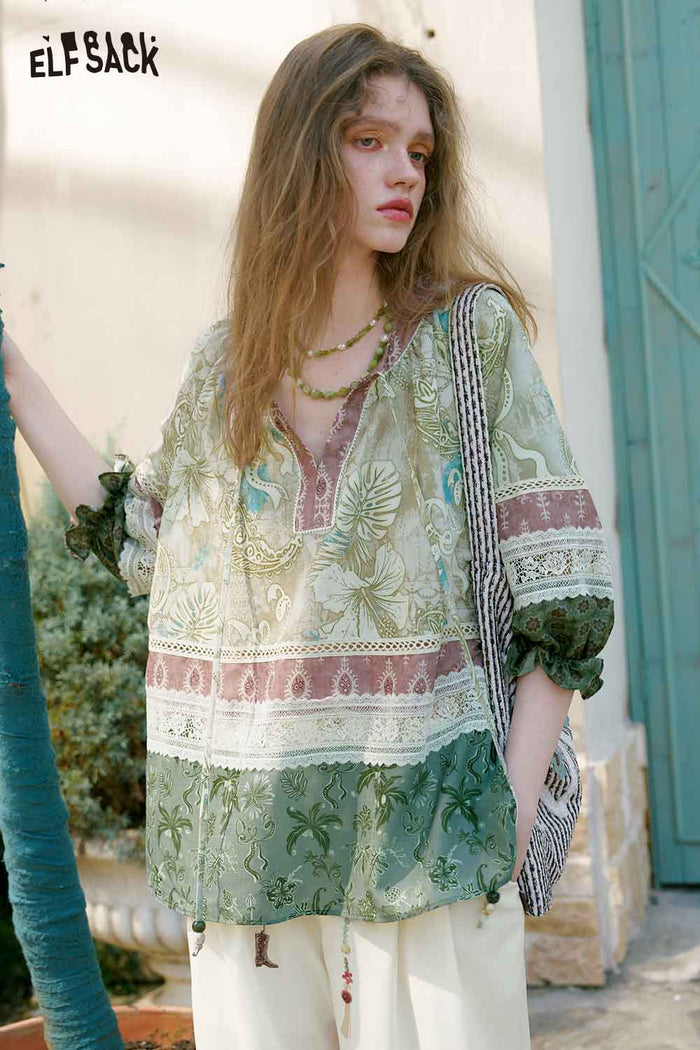 ELFSACK Boho Patchwork Flare Sleeve Blouse