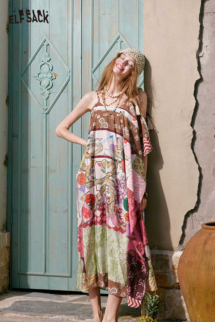 ELFSACK Boho Patchwork Irregular Midi Dress
