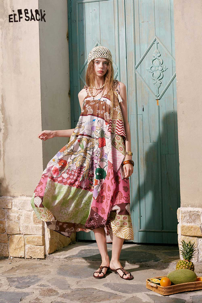 ELFSACK Boho Patchwork Irregular Midi Dress