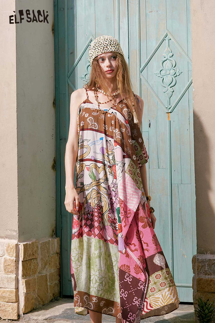 ELFSACK Boho Patchwork Irregular Midi Dress