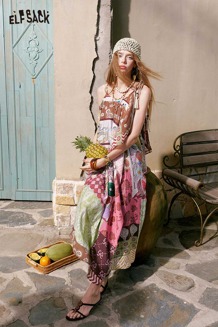 ELFSACK Boho Patchwork Irregular Midi Dress