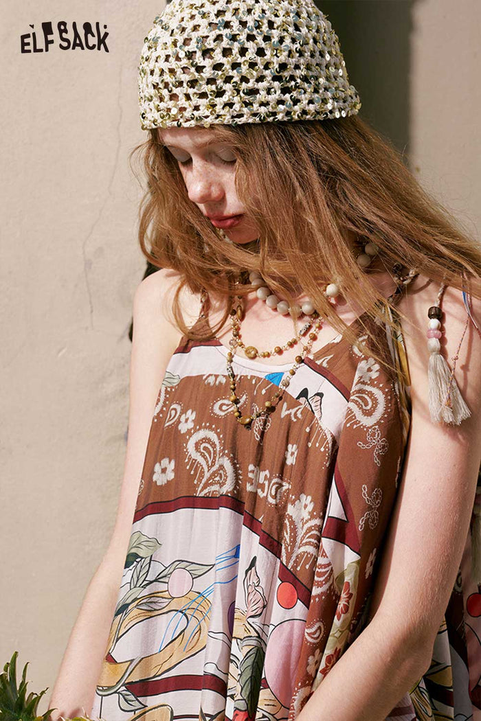 ELFSACK Boho Patchwork Irregular Midi Dress
