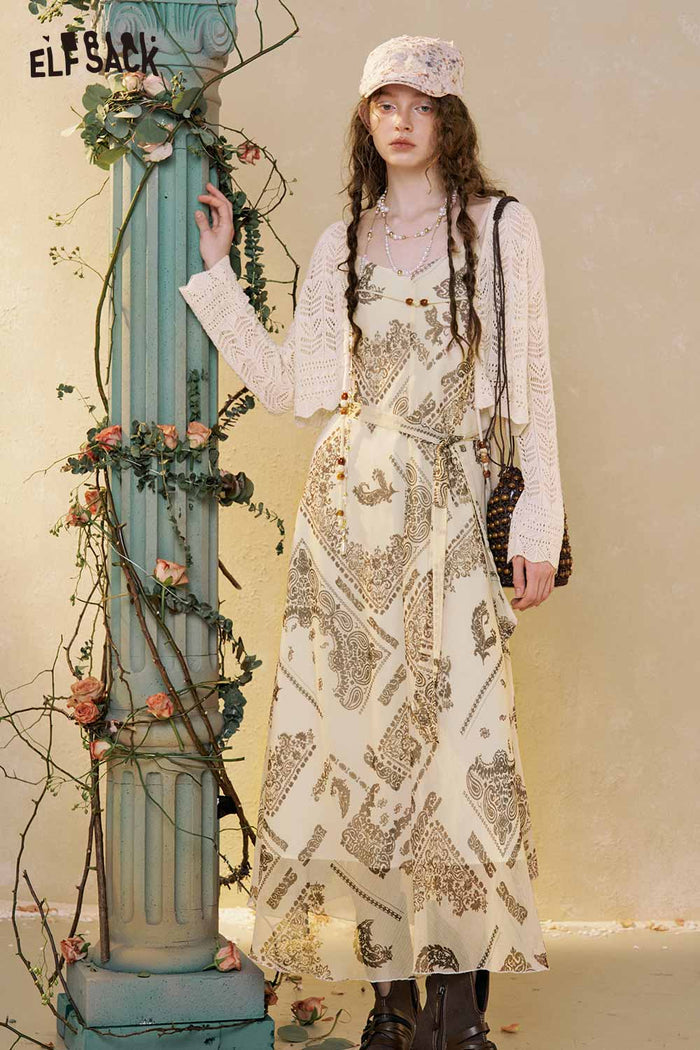 Boho Print Maxi Skirt Set Lace Cardigan