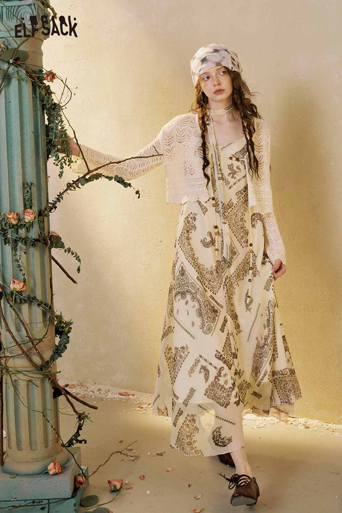 Boho Print Maxi Skirt Set Lace Cardigan