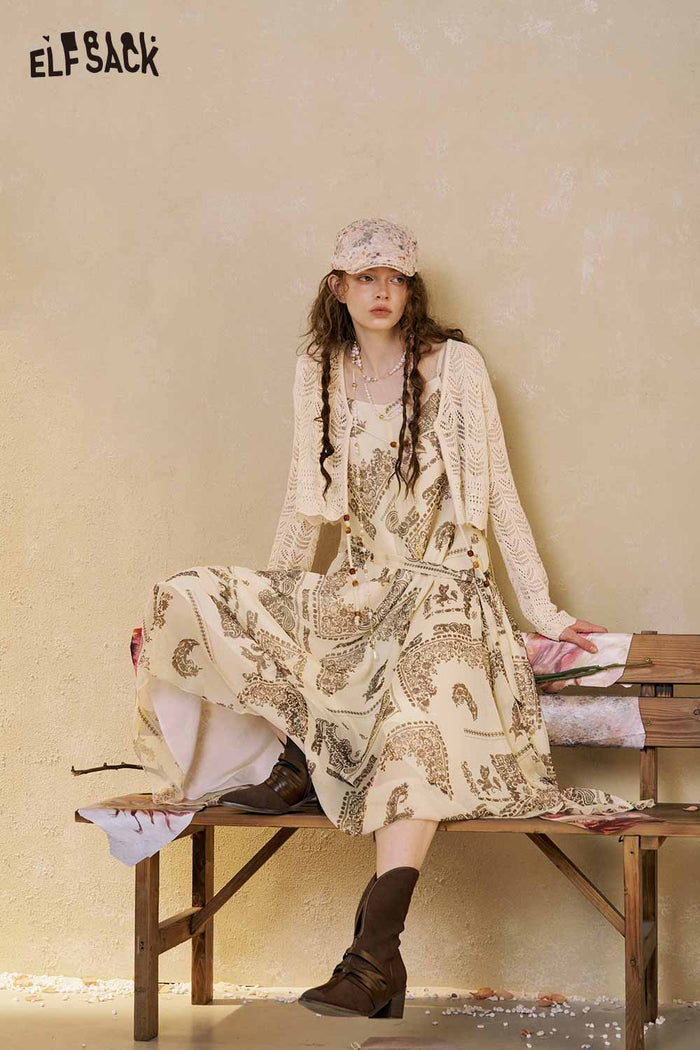 Boho Print Maxi Skirt Set Lace Cardigan