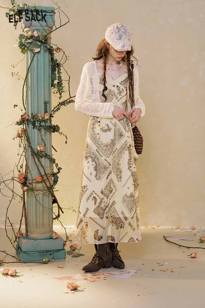Boho Print Maxi Skirt Set Lace Cardigan