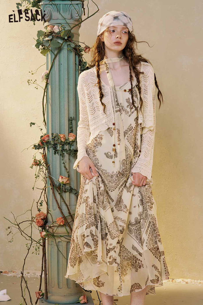 Boho Print Maxi Skirt Set Lace Cardigan