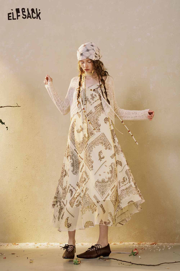 Boho Print Maxi Skirt Set Lace Cardigan