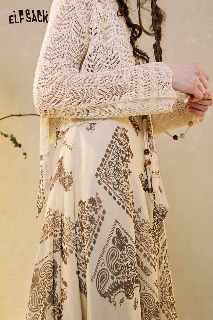 Boho Print Maxi Skirt Set Lace Cardigan