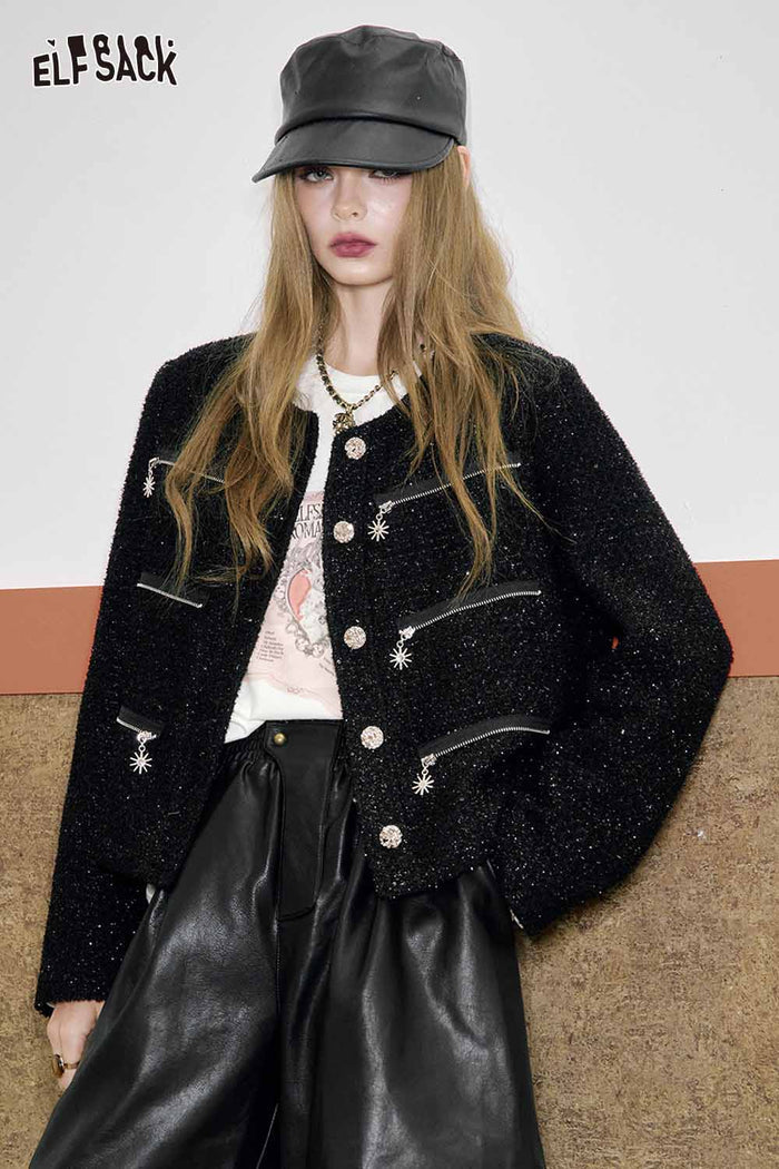 ELFSACK Boucle Wool Intricate Weave Multiple Zipper Detail Jackets