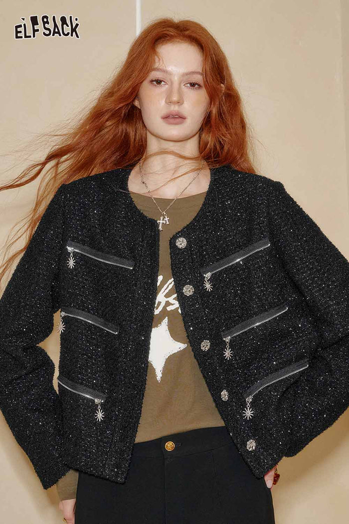ELFSACK Boucle Wool Intricate Weave Multiple Zipper Detail Jackets