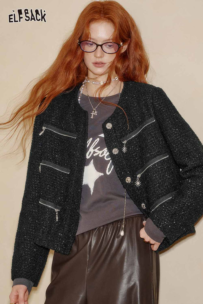 ELFSACK Boucle Wool Intricate Weave Multiple Zipper Detail Jackets