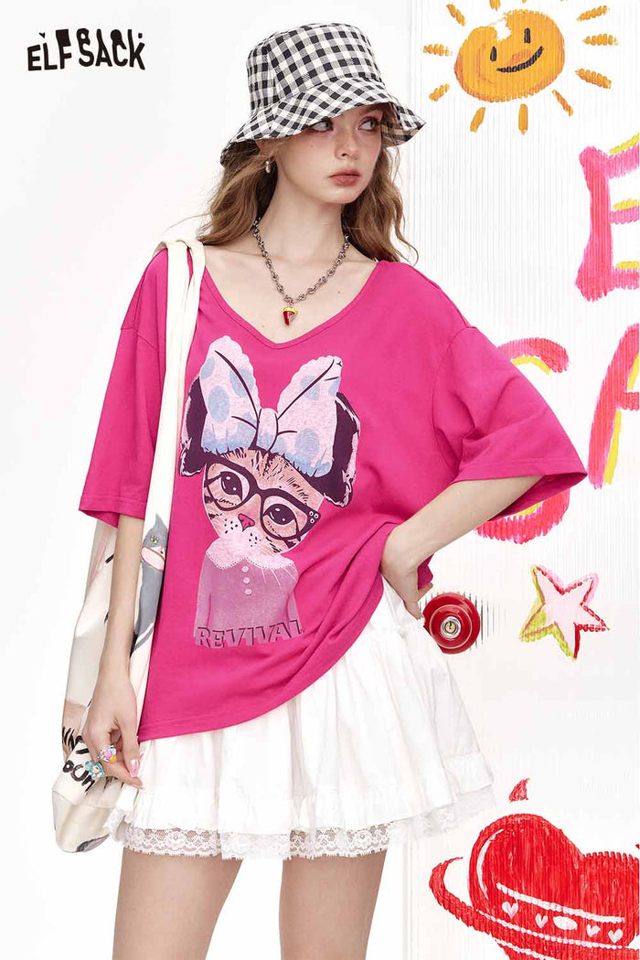 ELFSACK Bow Cat Graphic High-Low Tee