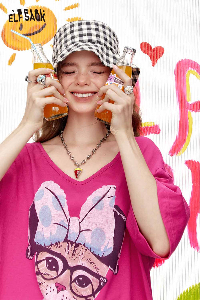 ELFSACK Bow Cat Graphic High-Low Tee
