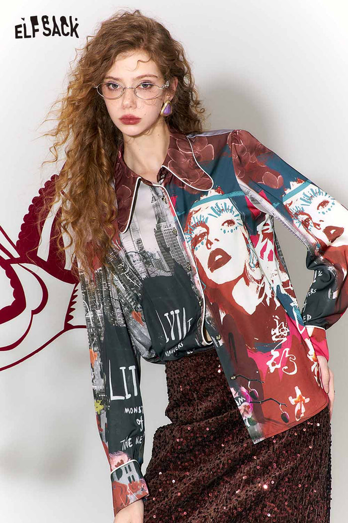 ELFSACK Bow Collar All Over Print Heart Button Long Sleeve Blouse