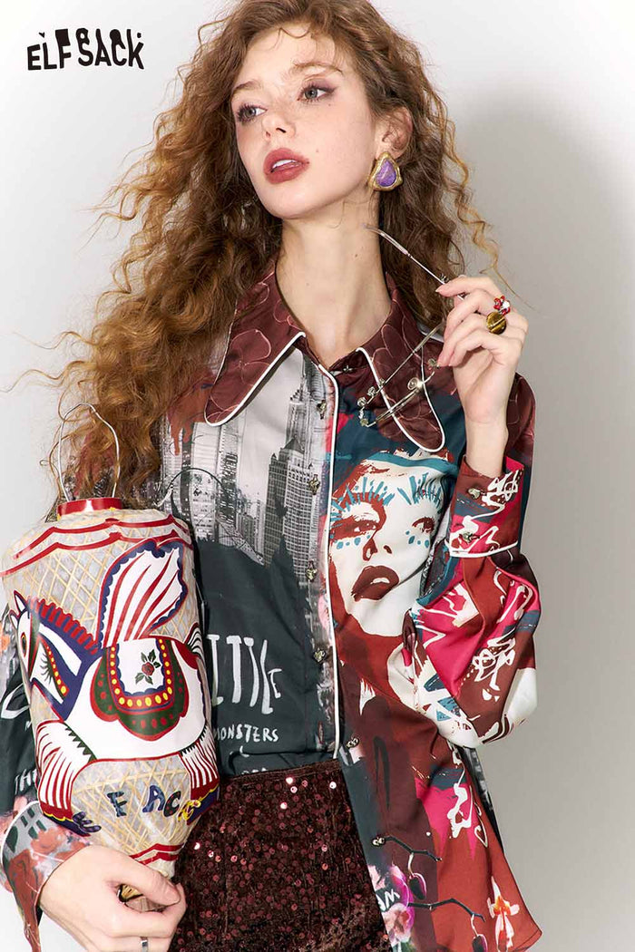 ELFSACK Bow Collar All Over Print Heart Button Long Sleeve Blouse