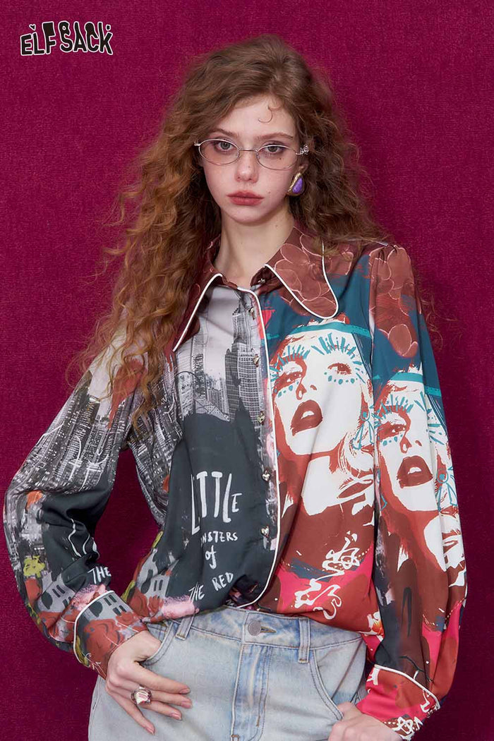 ELFSACK Bow Collar All Over Print Heart Button Long Sleeve Blouse