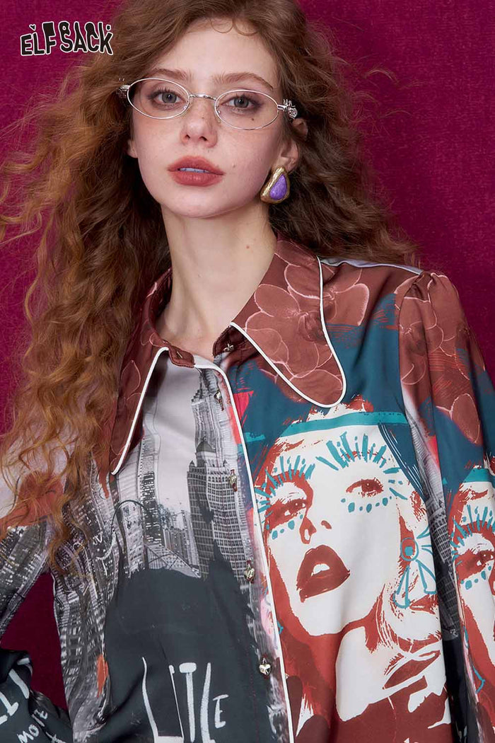 ELFSACK Bow Collar All Over Print Heart Button Long Sleeve Blouse