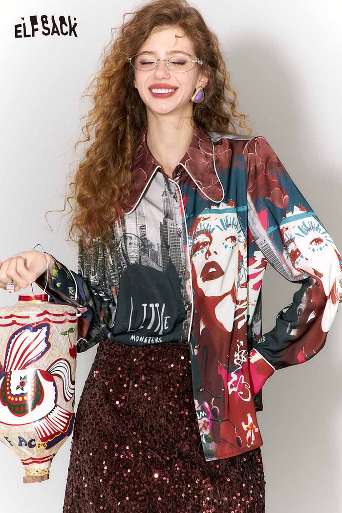 ELFSACK Bow Collar All Over Print Heart Button Long Sleeve Blouse