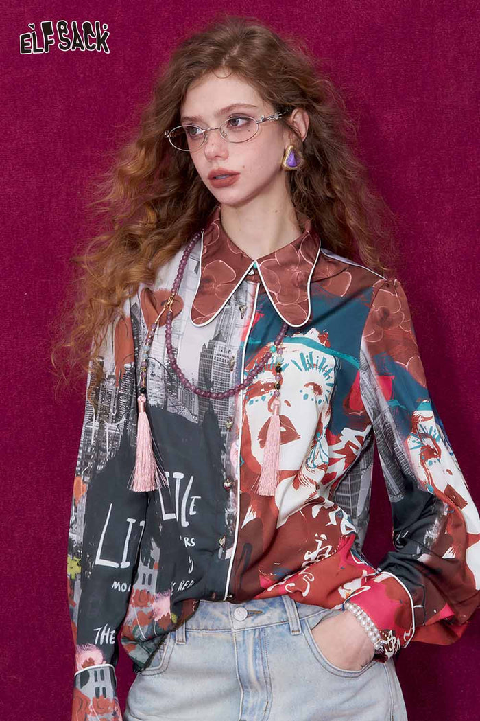 ELFSACK Bow Collar All Over Print Heart Button Long Sleeve Blouse